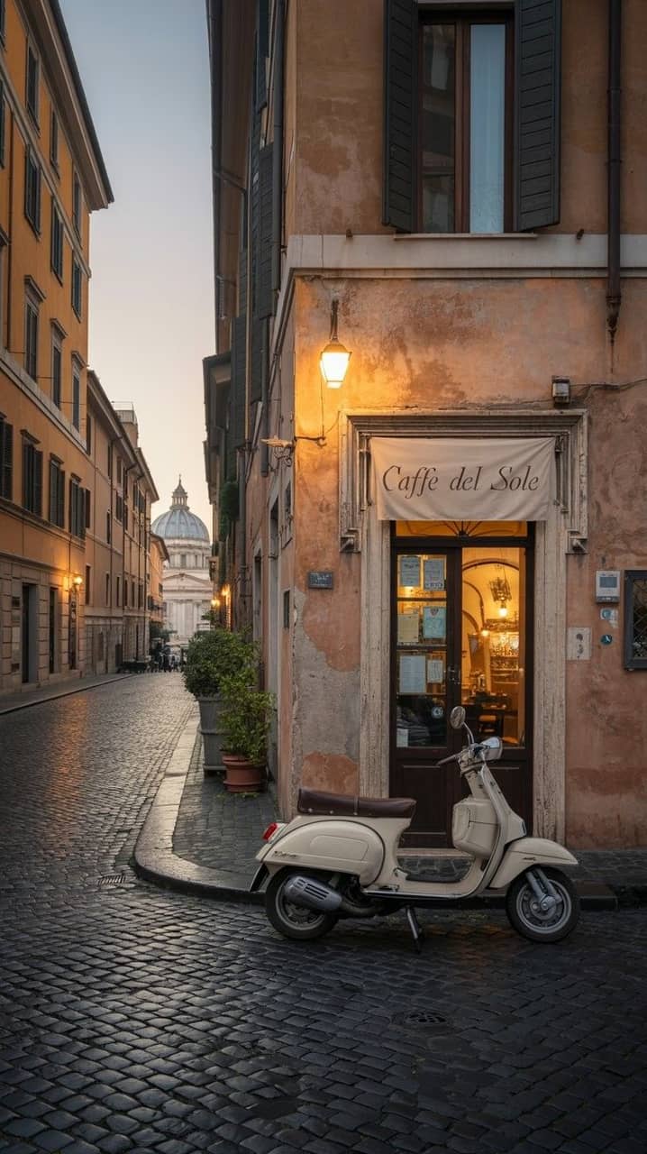 A vintage Vespa on a quiet Roman street corner